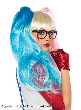 Harley Quinn, lång peruk med råttsvansar och lugg, flera färger